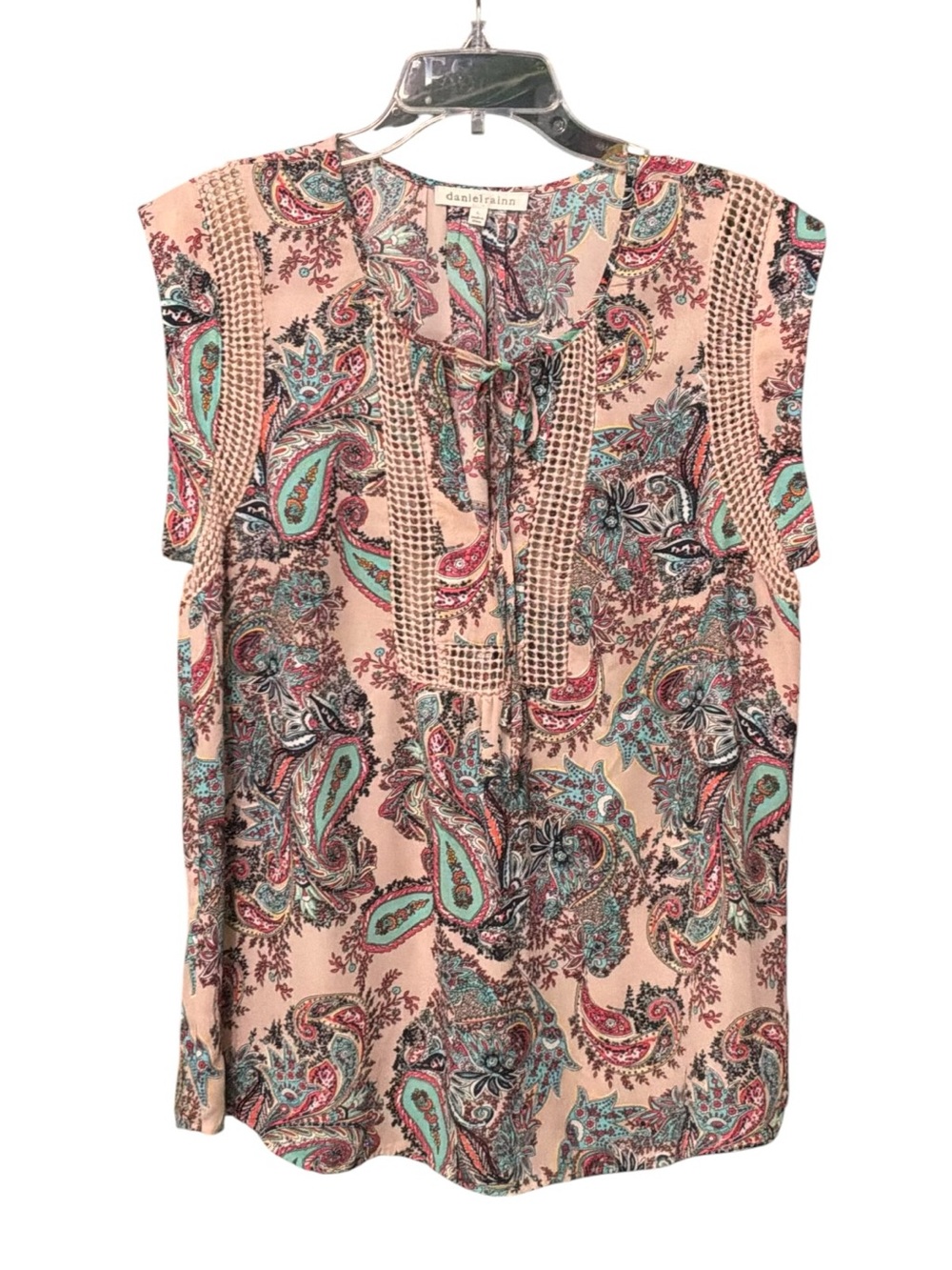 Daniel Rainn Crochet Detail Flutter Sleeve Tunic Blush Pink Mint and Teal